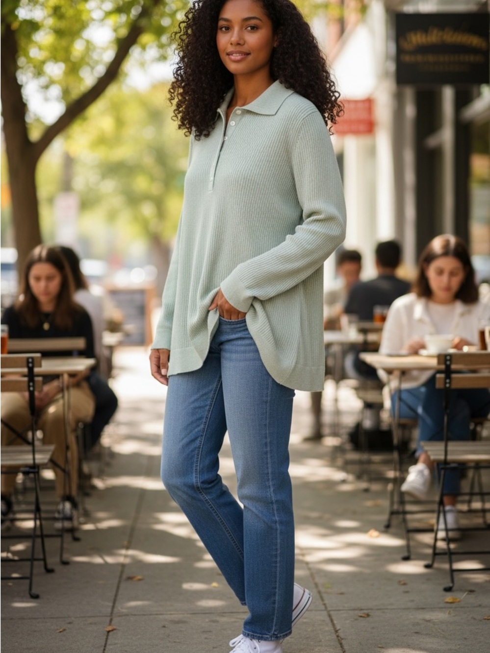 Lands' End Light Sage Ribbed Knit Polo Sweater